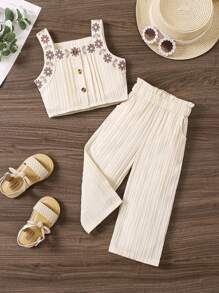 SHEIN Vintaside Kids 2件套女童休闲刺绣波浪条纹上衣和阔腿裤套装，女童裤装套装，裤子和衬衫套装 - 杏色 - 查看 8