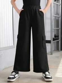Tween Girl Casual Knitted Solid Color Loose Fit Long Cargo Pocketed Sweatpants - Black - View 1