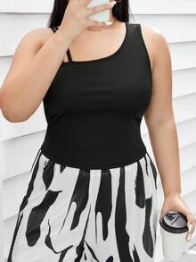 SHEIN Essnce 女士加大码不对称设计肩带高弹力面料性感时尚紧身黑色上衣 - 黑色 - 查看 4