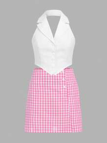 Teen Girls' Solid Color Halter Top And Plaid Mini Skirt Two Pieces Set - Multicolor - View 1