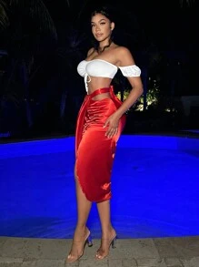 SHEIN SXY Damen Off-shoulder Crop Top Mit Kurzen Puffärmeln Und Elastischer Taille - Weiss - Übersicht 6