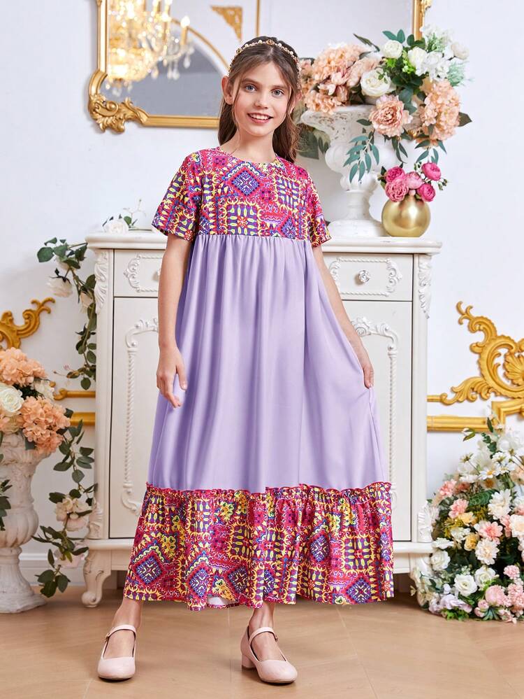 Tween Girl's Loose Fit Short Sleeve Vacation Dress With Geometric Print, Ruffle Hem, And Patchwork Design