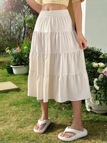 SHEIN Unity Solid Color Cake Shape Long Skirt - Beige - View 6
