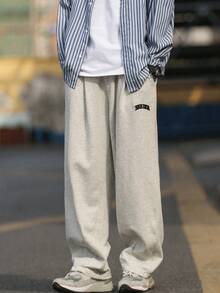 Men's Wide Leg Letter Printed Sweatpants - Light Grey - View 5