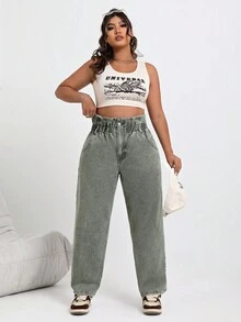 SHEIN EZwear 女式加大高腰復古牛仔褲 - 軍綠色 - 查看 5