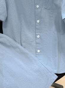 Conjunto De Dos Piezas Para Niños Preadolescentes: Camisa De Manga Corta De Color Sólido Con Bolsillos Y Pantalones Cortos De Color Sólido, Tela Tejida, Adecuado Para Vacaciones Casuales - Azul - Ver 4