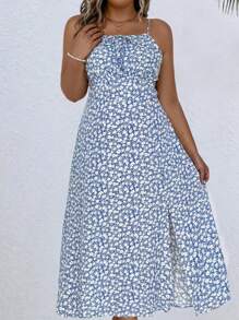 SHEIN LUNE Plus Size Floral Print Side Slit Hem Cami Dress For Summer