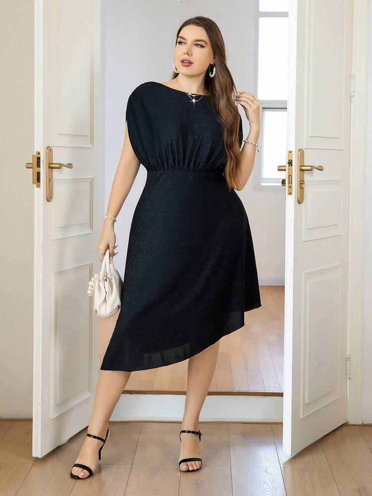 Plus Size Asymmetrical Cutout Long Dress With Pearl & Gold/Silver Wire Details