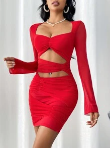 SHEIN Privé Vestido Rojo Bodycon Con Recogido Y Corte - Rojo - Ver 2