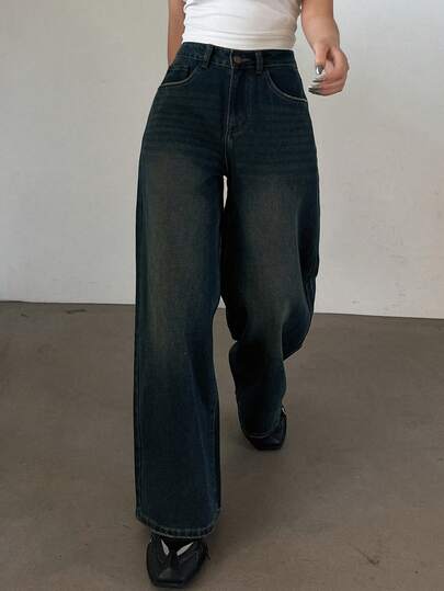 DAZY Women's Vintage Distressed Washed Cat Whisker Fading Full-Length Wide Leg Jeans,Baggy Jeans