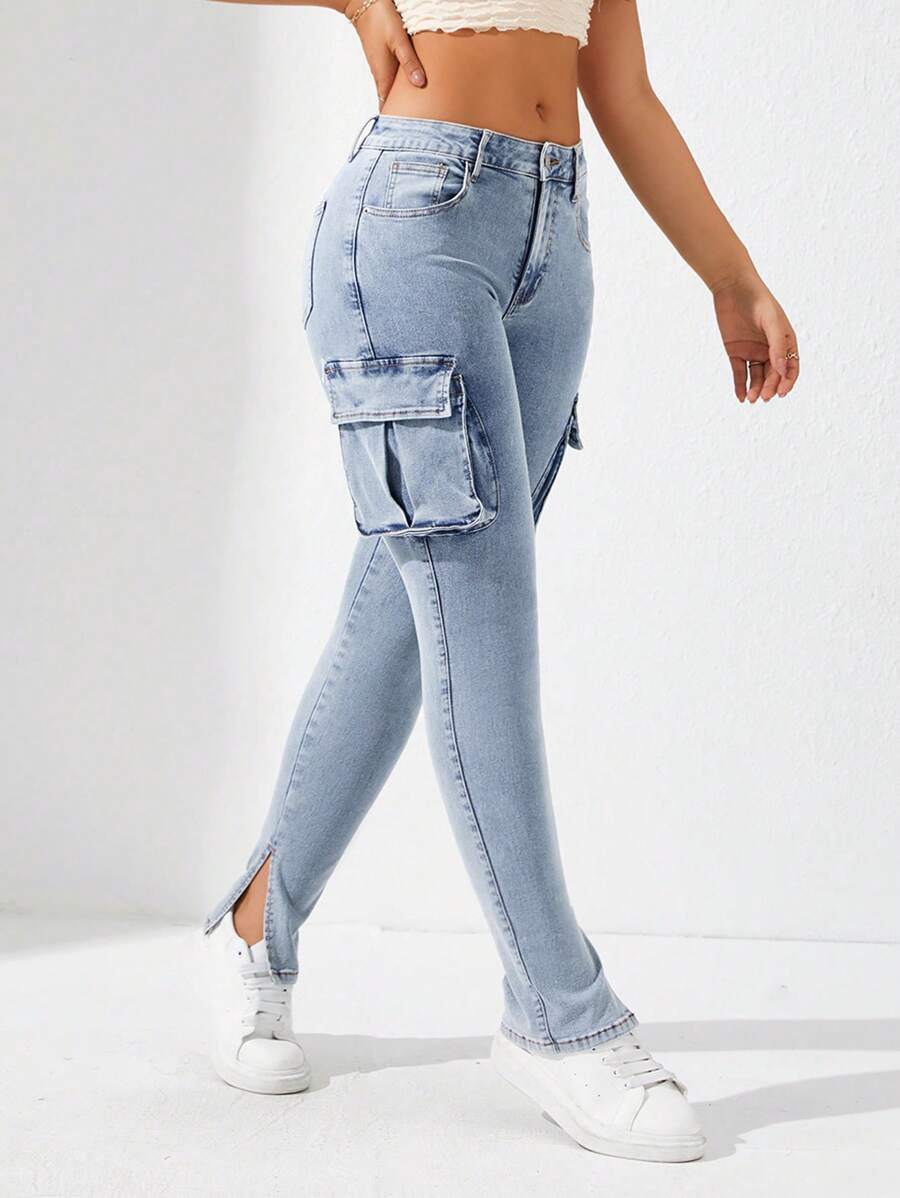 SHEIN Privé 修身版型牛仔貨褲 - 淺色水洗藍 - 查看 1