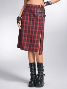 Grunge Punk Của phụ nữ Giải trí Punk Da giả Nút Đỏ  Kẻ sọc Chiều dài trung bình Váy - Đỏ - Xem 3