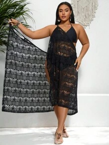 SHEIN Swim Curve 大尺寸純色中空度假風長袍,適用於各種場合,沙灘裝 - 黑色 - 查看 5