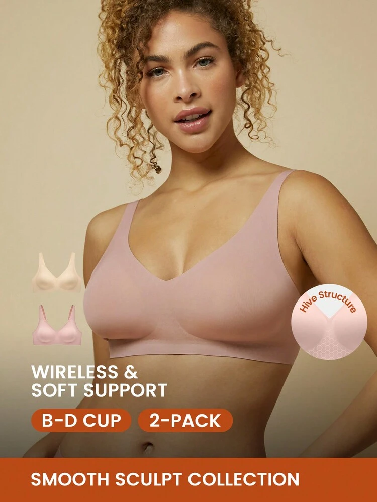 Dream Curve 2ndSkin Purple Wireless Seamless Plunge Lounge T-Shirt Lingerie As Outerwear Bra Sticky Basic SizeFreedom Bra No Show Underwear Comfortable Must-Haves 2 Packs Also Suitable For Teen Girl & Young & Kid