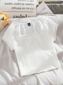 SHEIN EZwear Trắng Dệt kim Thon gọn Của phụ nữ Ren Vá lại Áo thun - trắng - Xem 6