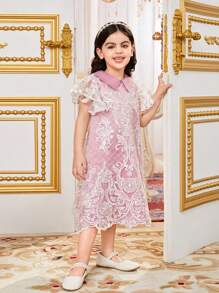 SHEIN Young Girl Sibling Outfits Casual Contrast Color Lace Collar A-Line Short Sleeve Dress
