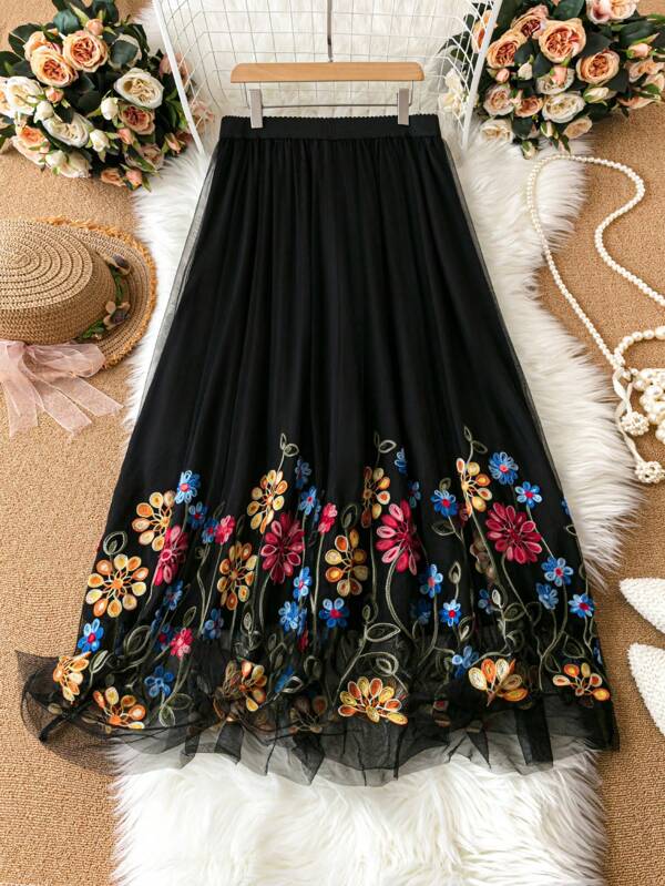 DreamSkyne Plus Size Floral Embroidery Mesh Skirt Maxi Women Outfit