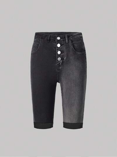 Teenage Girls' Y2k Personalized Stretchy Comfortable Color-Block 5-Pocket Denim Shorts