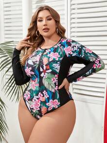 SHEIN Swim Curve Kích thước lớn Của phụ nữ Hoa In Dài Tay Raglan Áo tắm một mảnh , Bộ đồ tắm bờ biển Bầu không khí - Nhiều màu - Xem 5