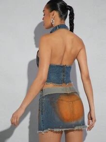 SHEIN Unity Women's Frayed Waist Fold Over Denim Skirt - Orange - View 2