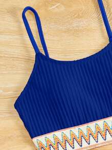 Teen Girl's Woven Band Contrast Texture Bikini Set - Navy Blue - View 3