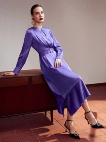 MOTF PREMIUM Lụa Chất rắn Cổ lỗ khóa Xù Hoa Sen Khóa thắt lưng Đầm - Màu tím - Xem 6