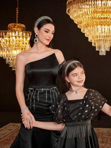 Modelyn Women's One Shoulder Long Sleeve Diamond Decor Ruffle Hem Dress - Black - View 2