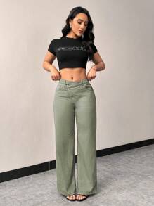 SHEIN Women's Asymmetrical High-Waisted Denim Pants - Army Green - View 5