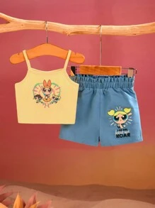 THE POWERPUFF GIRLS X SHEIN Set Aus Baby Mädchen Cami Top Mit Cartoon Grafik Und Paperbag Taille Shorts