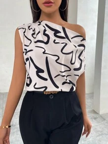 Firerie Blusa de mujer con estampado floral, cuello asimétrico y manga corta