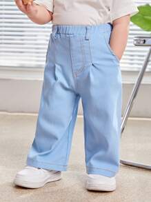 SHEIN Baby Boys' Casual Wide Leg Pants With Imitation Jeans Side Pocket, All-Match Style