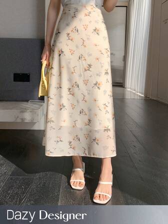 Dazy Designer Falda de corte evasé con diseño floral para mujer, de verano