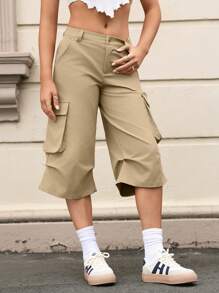 SHEIN EZwear 卡其色梭织女式工装七分裤 - 卡其色 - 查看 1