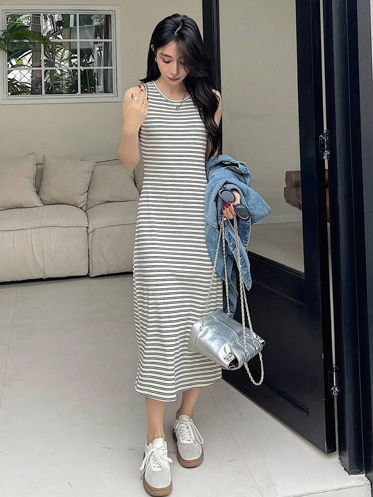 Women's Striped Round Neck Sleeveless Dress Summer Sundress,Casual Women Dresses