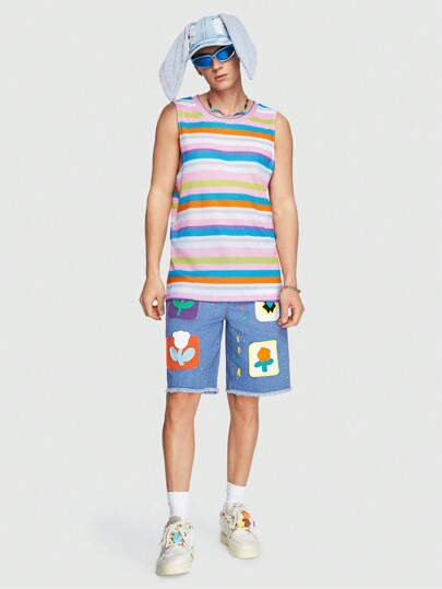 ROMWE Avant Men's Embroidered Cuffed Denim Shorts With Patchwork