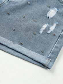 Shorts De Mezclilla Destrozados Para Niñas Adolescentes Con Dobladillo Deshilachado, Detalle De Pedrería Y Destrozado