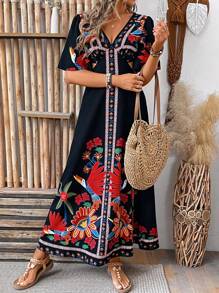 Breezaya Women's Floral Print Cut Out Waist Dress Maxi Vacation Beach Outfit - Black - View 5