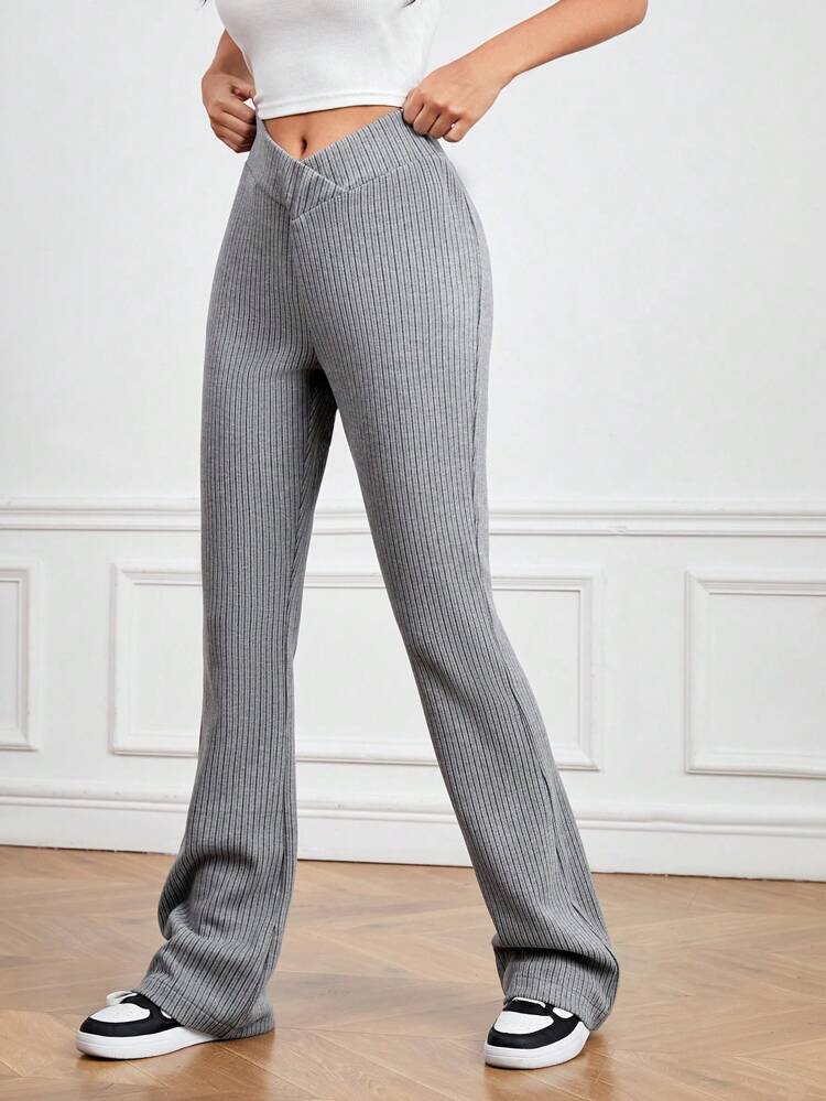Women's Solid Color Ribbed V-Waistband Sports Leggings
