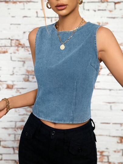 GENKIRA Haut En Denim Court Sans Manches Pour Femme