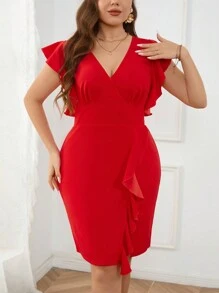 SHEIN Privé 大码女士优雅荷叶边V领开衩连衣裙，红色，适合浪漫约会、聚会、日常穿着、春夏派对 - 紅色 - 查看 4