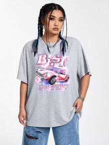 SHEIN EZwear CURVE 大尺碼汽車字母印花落肩 T 卹 - 淺灰色 - 查看 1