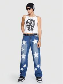 ROMWE MEN ROMWE Avant Men's Straight Leg Jeans With Star Pattern - Blue - View 3