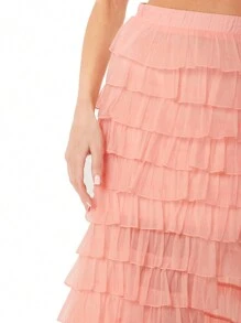 Enchnt 女性實色不對稱垂墜細節多層裙 - 粉色 - 查看 6