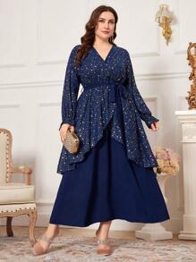 Modelyn Vestido De Talla Grande Para Mujer Con Estampado Dorado En El Cuello En V - Azul - Ver 4