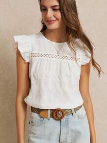 Poéselle Summer Vacation Wedding Season, Excellent Minimalist Shape Stand Collar Ruffle Hem Flying Butterfly Sleeve Shirt With Exquisite Solid Color Contrast Lace Vertical Grain Crape, Summer, Cute Top, Elegant Romantic, Swimsuit Shirt, Boho Chic, Casual Style, White Essential, Summer, Wedding Season Essential, Cottagecore - White - View 7