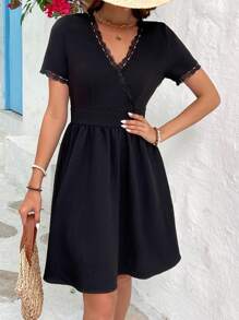 SHEIN Frenchy Summer Wedding Backless Lace Spliced Waist Gathering Dress Black Casual - Black - View 3