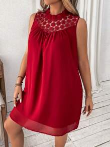 Breezaya 大码纯色无袖网眼撞色连衣裙 - 紅色 - 查看 4