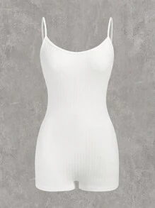 SHEIN EZwear 夏季白色針織修身女士緊身連體褲 - 黑色 - 查看 1