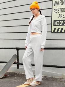 SHEIN Sports Ensemble De Vêtements De Sport À Capuche En V - Blanc - Voir 2