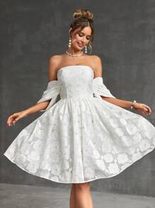 SHEIN Belle Elegante Y Romántico Vestido De Línea A De Manga Abullonada Tejido Jacquard Para Fiesta De Cóctel De Mujer - Blanco - Ver 3